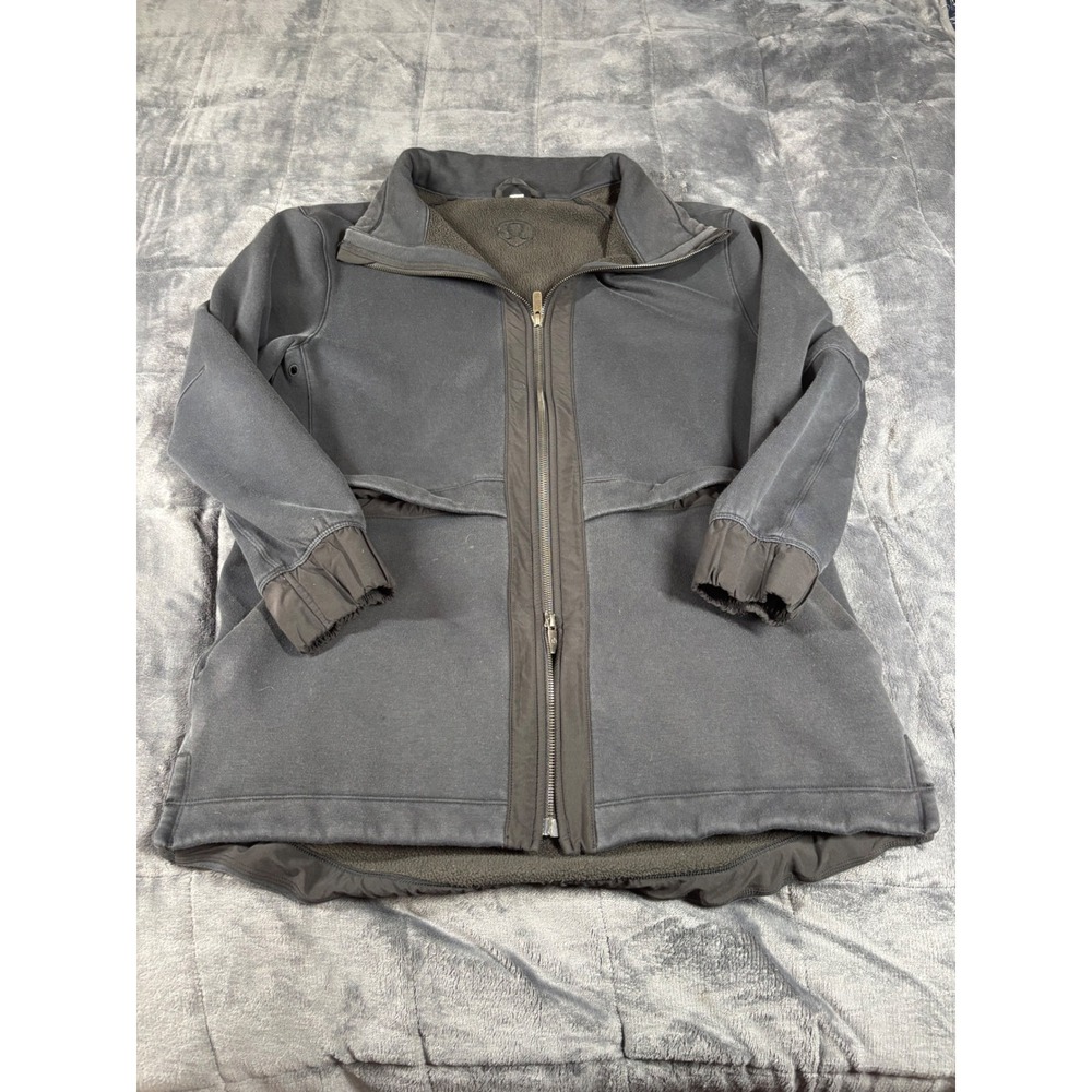 Lululemon Women Charcoal black Fleece Lined Long Zip Jacket Cinched Waist 5779